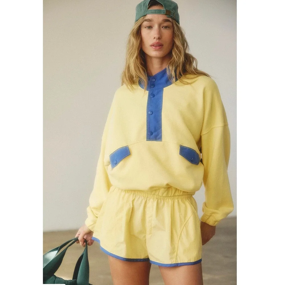 Free People FP Movement World Tour Pullover and Shorts Set Yellow Blue NWT